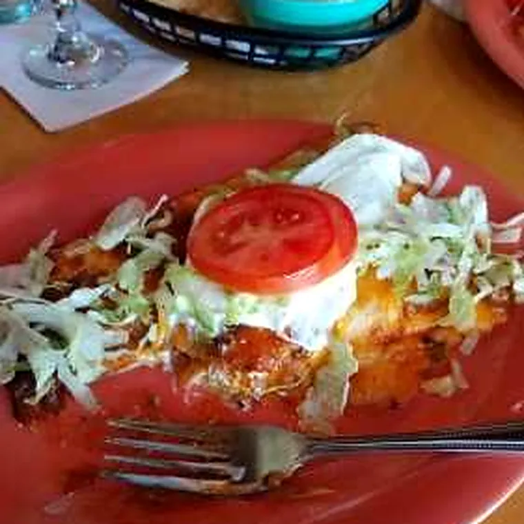 A half enchilada, topped with lettuce, tomato and sour cream